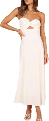 Image of Women Strapless Twist Front Midi Linen Cutout Wedding Guest Dress | Sexy,Sweetheart Neckline,Tube,Long,2026 Summer,Vacation,Formal,Cocktail,Bridesmaid,Party,Baby Shower,Beach,Elegant,Evening