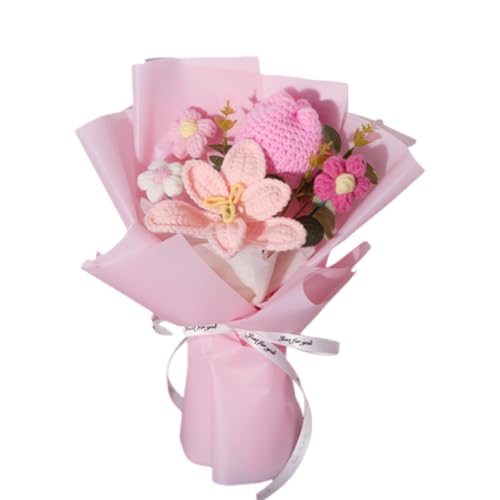 CCUUHJ Handmade Crochet Flower Bouquet, Mixed Floral Arrangement with Tulips, Lily, Daisy, Eucalyptus,Decorative Gift for Teachers,Women,Valentine's Day (Pink)