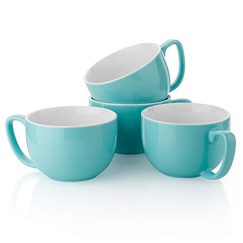 Teocera Turquoise Coffee Mugs Set of 4, 16 oz Ceramic Coffee Mug, Large Mug Set with Handle for Cold or Hot Drinks like Cocoa, Milk, Latte, Fruit Cereal, Long-lasting Porcelain with Modern Design