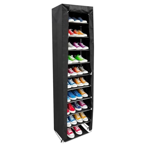 Brysalis Scarpiera a 11 Ripiani, Scarpiera Armadio con Copertura Antipolvere, Portascarpe in Metallo, Scaffale Scarpe, Scarpiera in Tessuto per Ingresso, Soggiorno, Camera da Letto, Corridoio(Nero)