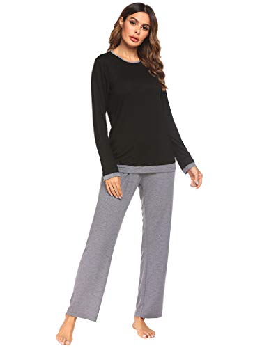 Ekouaer Womens Pajama Sets Round Neck Pjs Set Long Sleeve Soft Top&Pants Suit Loose Sleepwear Lounge Set Medium Black