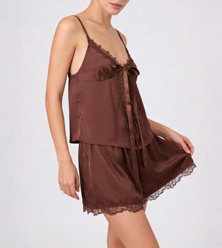 Image of ROAONOCOMO Women Lace Trim Pj Shorts Set Square Neck Coquette Tank Top Silk Satin Pajama Set Babydoll 2 Piece Shorts Outfit