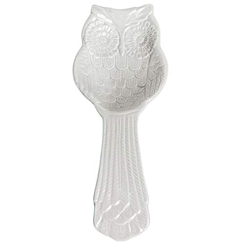 MyGift® White Ceramic Spoon Rest with Owl Design, Countertop Cooking Spoon and Ladle Holder