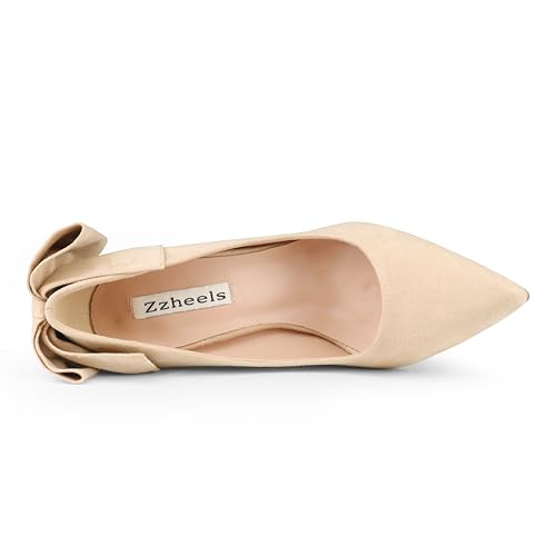 Image of Zzheels Women's Bow Heels Pointed Toe Chunky Pumps | Back Bow, Flare Heels, Block Heels, Bridal Wedding Shoes