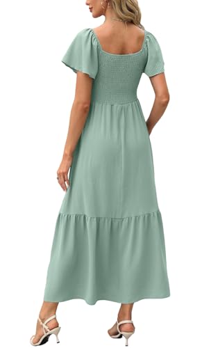 Image of OFEEFAN Summer Dresses for Women Square Neck Ruffle Sleeve Smocked Maxi Dress with Pockets