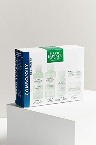 Mario Badescu Combo/Oily Regimen 5 Piece Kit, Skincare Gift Set Includes Enzyme Cleansing Gel, Cucumber Cleansing Lotion, SPF 15 Aloe Moisturizer, Flower & Tonic Mask and Seaweed Night Cream