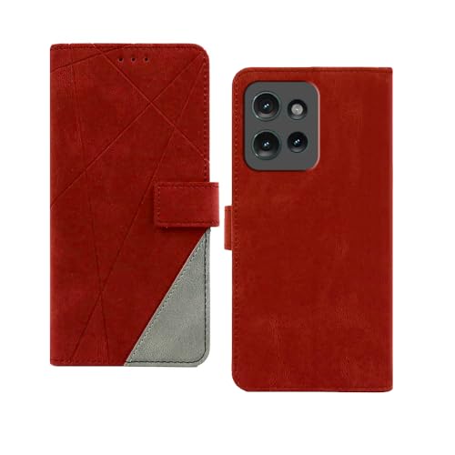 Image of amazon basics Moto Edge 50 5G Flip Cover | Card Pockets Wallet & Stand | Flip Cover for Moto Edge 50 5G (Red with Grey)