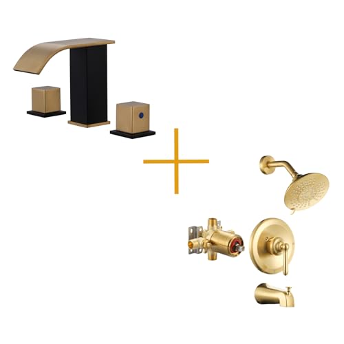 Waterfall Bathroom Faucet Black and Gold and Shower Faucet Set Brushed Gold