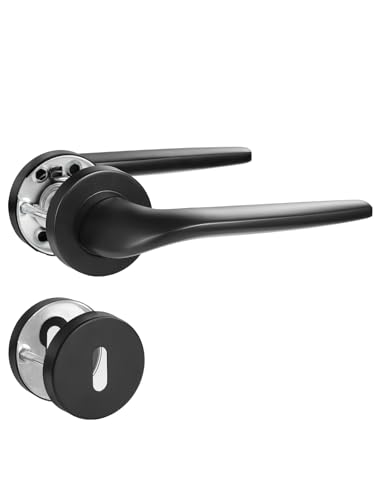 SORWDUERM Poignée de porte noire, garniture de poignée, acier inoxydable brossé mat, ensemble de poignées pour porte d'entrée et intérieure, forme en L, rosace ronde, BB - poignée de lit