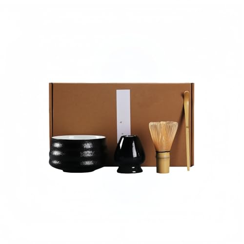 抹茶4点セット 茶道具セット 抹茶泡立て器 百本立 茶碗 茶杓 茶筅立付き 天然竹製&セラミック製 軽量 使いやすい 再利用可能 抹茶ティーセット 初心者向け 家庭用 お茶作りセット ギフト用 黒茶碗付き 抹茶文化を楽しむ道具 (黒陶茶碗)