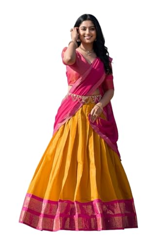 Image of RENVAANI Women's Traditional Kanjivaram Kanchipuram Silk Zari Weaving Unstitched Lehenga Choli with Dupatta