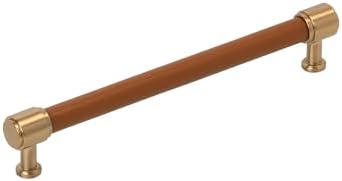 Signature Hardware 954069-7916 Lazzara 7-9/16 Inch Center to Center Cognac Leather Bar Cabinet Pull - Brushed Gold