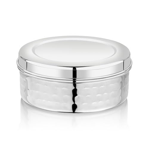 Image of Vinod Hammered Stainless Steel Puri Dabba | 450ml Capacity, 11cm Dia | Hammered Finish Multipurpose Stainless Steel Flat Storage Container for Puri, Snacks, Dry Food, Tiffin & Travel Use