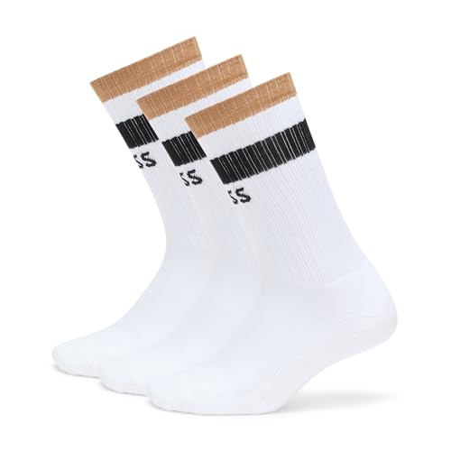 BOSS 3 Pack Iconic Stripe Front Logo Ribbed Socks white gloss 7-13