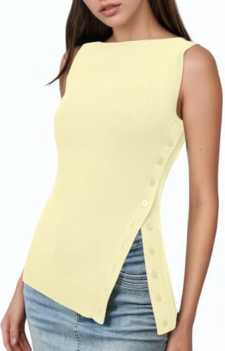Womens Asymmetric Side Button Sweater Vest Y2k Sleeveless Boat Neck Side Split Sweater Trendy Ribbed Knit Tank Top