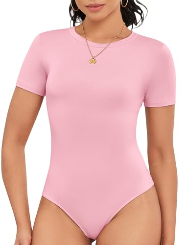 Image of Cute Short Sleeve Tank Tops Bodysuit for Women Crew Neck Casual 2026 Summer Tops
