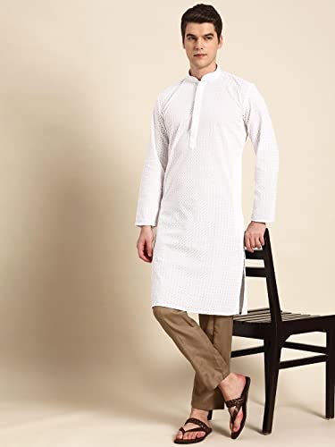 Image of Rajubhai Hargovindas Men Pure Cotton Chikankari Embroidered Straight Kurta