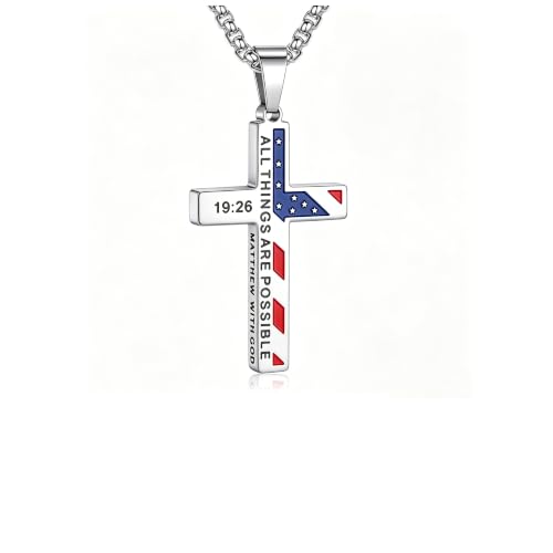 Yoosteel Silver American Flag Cross Necklace for Men Stainless Steel Bible Verse Cross Pendant Necklace Non Tarnish Christian Baptism Religious Graduation Jewelry Gifts 20 Inches