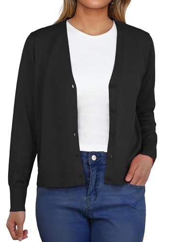 Image of GRECERELLE Women's Lightweight Cardigan Jumper V-Neck Long Sleeve Casual Ladies Cardigans with Buttons Knitwear for Summer Evening (Black, L)