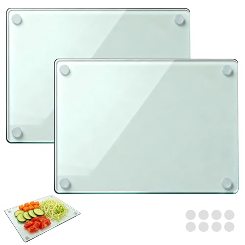 Ghligna Lot de 2 Planche a Decouper en Verre Trempé 40x30 cm, Planche à Découper en Verre Transparent, Cutting Board, Chopping Board pour Cuisine, Durable,...