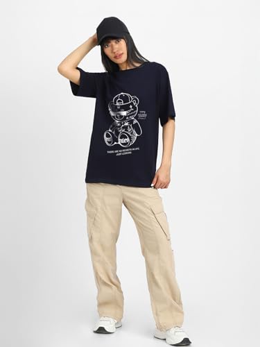 Image of JUNEBERRY 100% Pure Cotton Oversized Loose Baggy Fit Drop Shoulder Half Sleeve Round Neck Cool Front Teddy Printed Cork & White T-Shirt for Women /Girls (Available in from S to 2XL)
