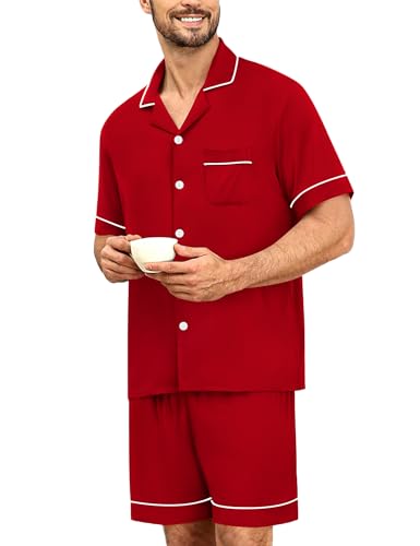 Image of SWOMOG Mens Pajama Sets Short Sleeve Sleepwear Button Down Loungewear Soft Modal Lounge Pjs with Pockets S-XXL