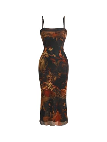 SweatyRocks Women's Allover Print Spaghetti Strap Bodycon Dress Elegant Sleeveless Lettuce Trim Midi Dresses