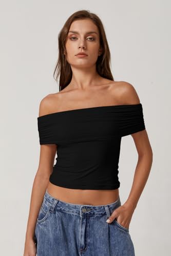 QINSEN Womens Off The Shoulder Tops Double Lined Short Sleeve T Shirts Slim Fitted Stretchy Crop Top4