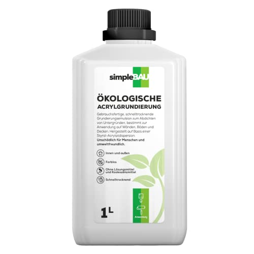 SimpleBau Acryl-Grundierung gebrauchsfertig 1L schnelltrocknend, grundversiegelnde Grundieremulsion für Wand, Boden, Decke. Farblose Acryl-Grundierung. Umweltfreundlich Cover