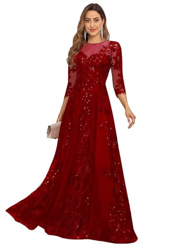 Women's Lace Applique Mother of Bride Dresses for Wedding with Sleeves Tulle Beaded Long Formal Evening Gowns