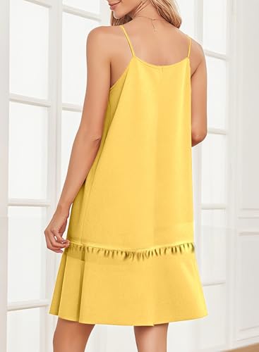 Image of Dokotoo Summer Dresses for Women 2026 Spaghetti Strap Sexy Deep V Neck Smocked Ruffle Flowy Boho Dresses