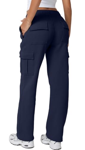 Image of QINSEN Baggy Medium Waist Elastic Sweatpants for Womens Casual Long Fleece Cargo Pants with Pockets