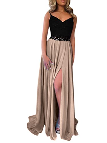 ORANDESIGNE Robe de Soirée Robe à Bretelles Longue Femme Sexy Robe Maxi sans Manches Couture de Dentelle Soire Fête Été Plage Chic Robe Fendue H Beige XS