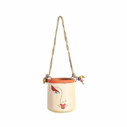Image of AAKRITI ART CREATIONS Terracotta Hanging Planter | Handcrafted Artistic Face Design with Rope, Modern Art, White Matte Finish | Decorative Hanging Pot for Indoor & Outdoor Home Decor
