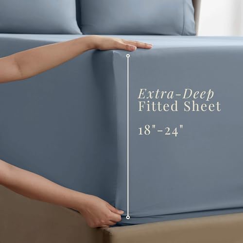 Image of Hearth & Harbor Bed Sheets, Luxury Soft 6 Piece Bed Sheet Set Extra Deep Pocket Fitted Sheets Fits Mattress up to 21 inch, Double Brushed Bedding Sheets & Pillowcases, Twin XL, Soft Blue