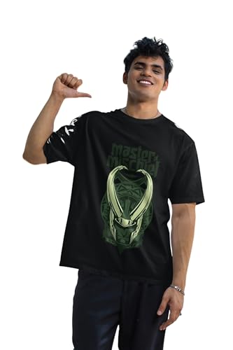 Image of SYOM Men's Oversized Graphic T-Shirt - Half Sleeve, Round Neck, Cotton-Blend Drop Shoulder Tee with inchLoki inch Logo & inchMaster Mischief inch Print