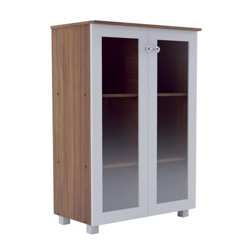 Image of Hobbit Engineered Wood Bookshelf | Book Storage & Display Cabinet for Living Room, Study Room & Home Office | 2 Door Glass Cabinet Storage | Leon Teak & White Finish