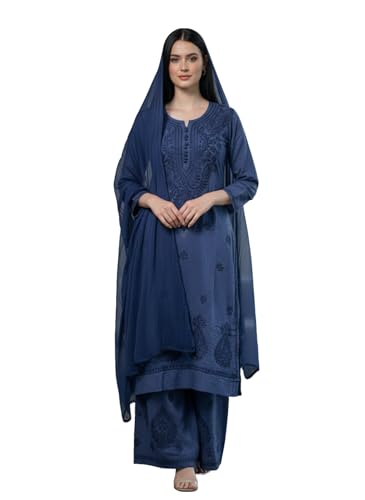 Image of Women's Lucknowi Chikankari Handwork Cotton Kurti, Palazzo and Dupatta Set