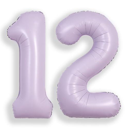 Image of SUWEN 40 Inch Light Purple Large 12 Balloon Number Big Foil Helium Lavender Number Balloons Huge Mylar 0-9 Giant Jumbo Happy 12th Birthday Party Anniversary Decorations