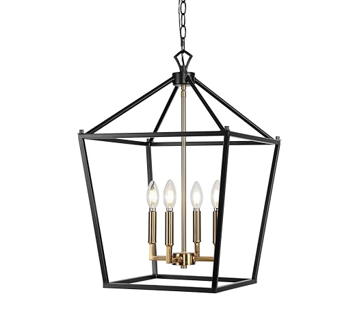 Image of JONATHAN Y Pagoda 4-Light Pendant 16 inch Cage, Oil Rubbed Bronze /Brass Gold | Traditional Metal Farmhouse Hanging Lantern Ceiling Fixture, Adjustable Chain Link, For Kitchen Island, LED Bulb Included