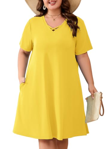 Image of AusLook Plus Size Midi Dress for Women Short Sleeve V Neck Criss Cross A Line Summer Casual Vacation Sundresses with Pockets