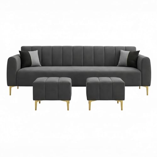 Image of Habibi 5 Seater L Shape Sofa Set with 2 Movable Ottomans | Flexible Layout | Rich Velvet Suede Fabric | Silver Legs | Modern Sofa for Living Room (Dark Grey)