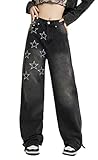 Hopecn Women Flare Jeans Y2K Star Print High Rise Straight Leg Baggy Jeans y2k Aesthetic Fashion Vintage Streetwear .（Black-L）
