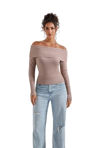 Image of SUUKSESS Women Off Shoulder Sweaters Long Sleeve Ribbed Knit Going Out Fall Tops Blouse