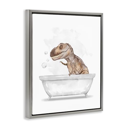 Image of T Rex Dino Bubble Bath Bathroom, 24 x 30 Inch Canvas in Floater Frame | Stupell Industries . By Ziwei Li . Ready to hang . Fun kids bathroom decor . Made in USA