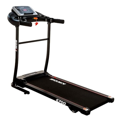 Esteira Ergométrica Elétrica Kikos E700-110v, 2.0 hp, 10 km/h, 90 kg, Sistema de inclinação manual de 3 níveis, Superfície de manta: 110 x 40 cm, 12 programas de velocidade.
