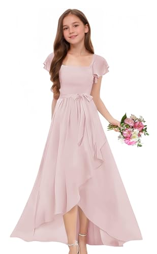 Junior Bridesmaid Dress Long with Slit A-Line Chiffon Flower Girl Dresses Short Ruffle Sleeves for Wedding Party4