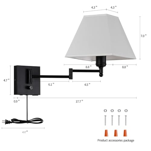 Swinging arm Wall lamp, Fabric lampshade, with Plug and dimming Rotary Switch, USB and Type-C Charging Port, Suitable for Bedside, Living Room, Hotel and Bedroom Wall Lamps