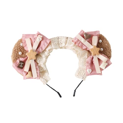 Gk-O Lolita Bear Ear Headband Bowknot Hair Kawaii Lolita Prop Headwear Cute Hairpin Female Headdress Hair Accessories Handmade (Pink) #TOP30