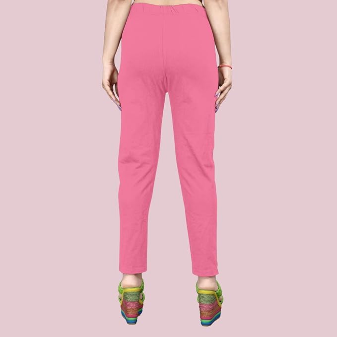 Image of Women's Solid Cotton Lycra Pants-High Waist Slim Fit Stretchable Leggings - Comfortable Long Trousers for Casual, Office & Everyday Wear